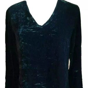 Black Velvet Blouse Top Shirt Long Sleeves V-Neck Blouse, Sz S